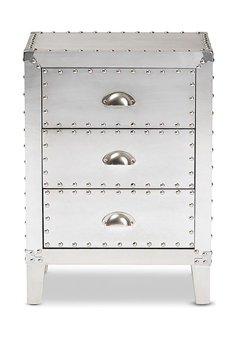 Claude French Industrial Silver Metal 3-Drawer Nightstand