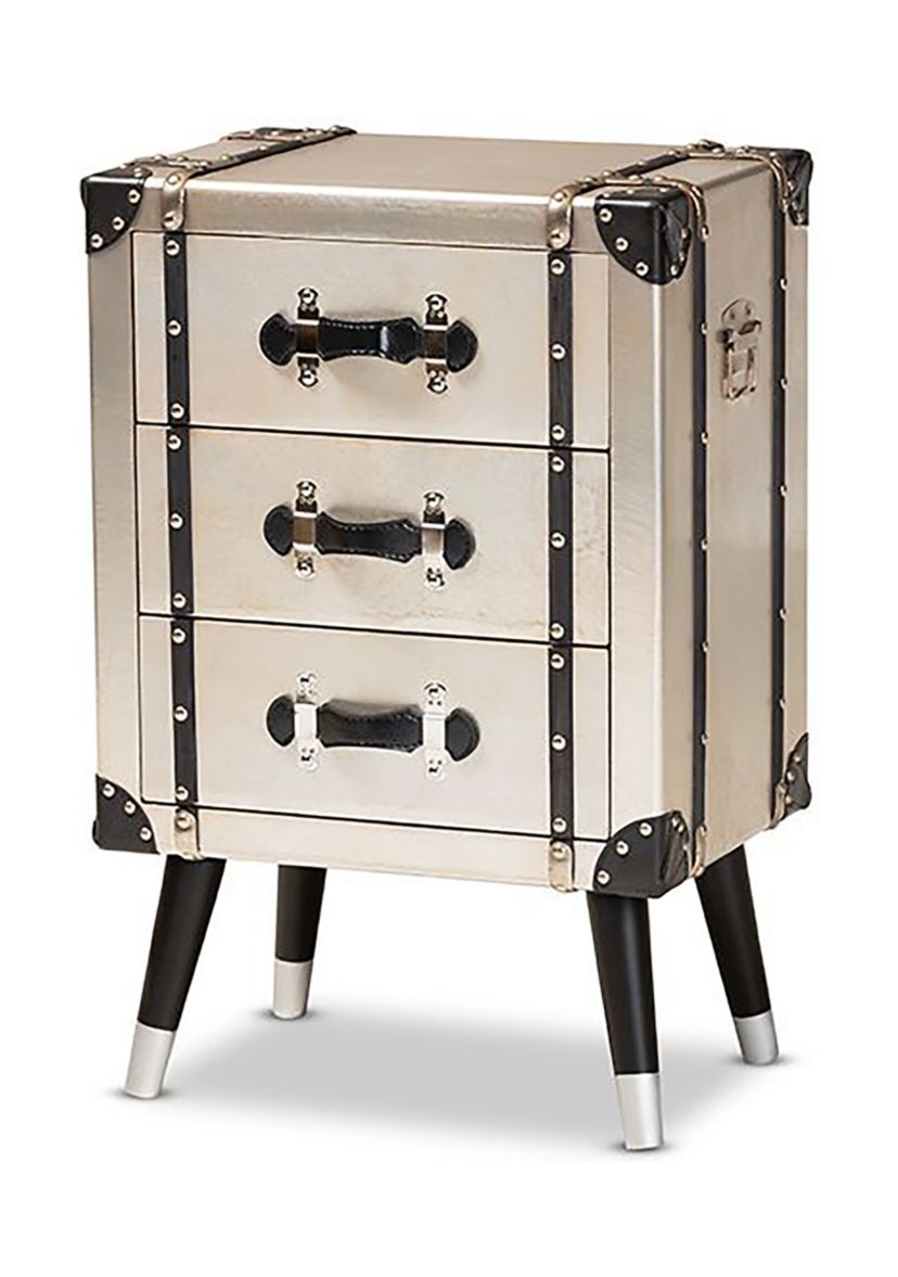 Dilan Vintage Industrial Antique Silver Finished Metal Trunk Inspired 3-Drawer Nightstand