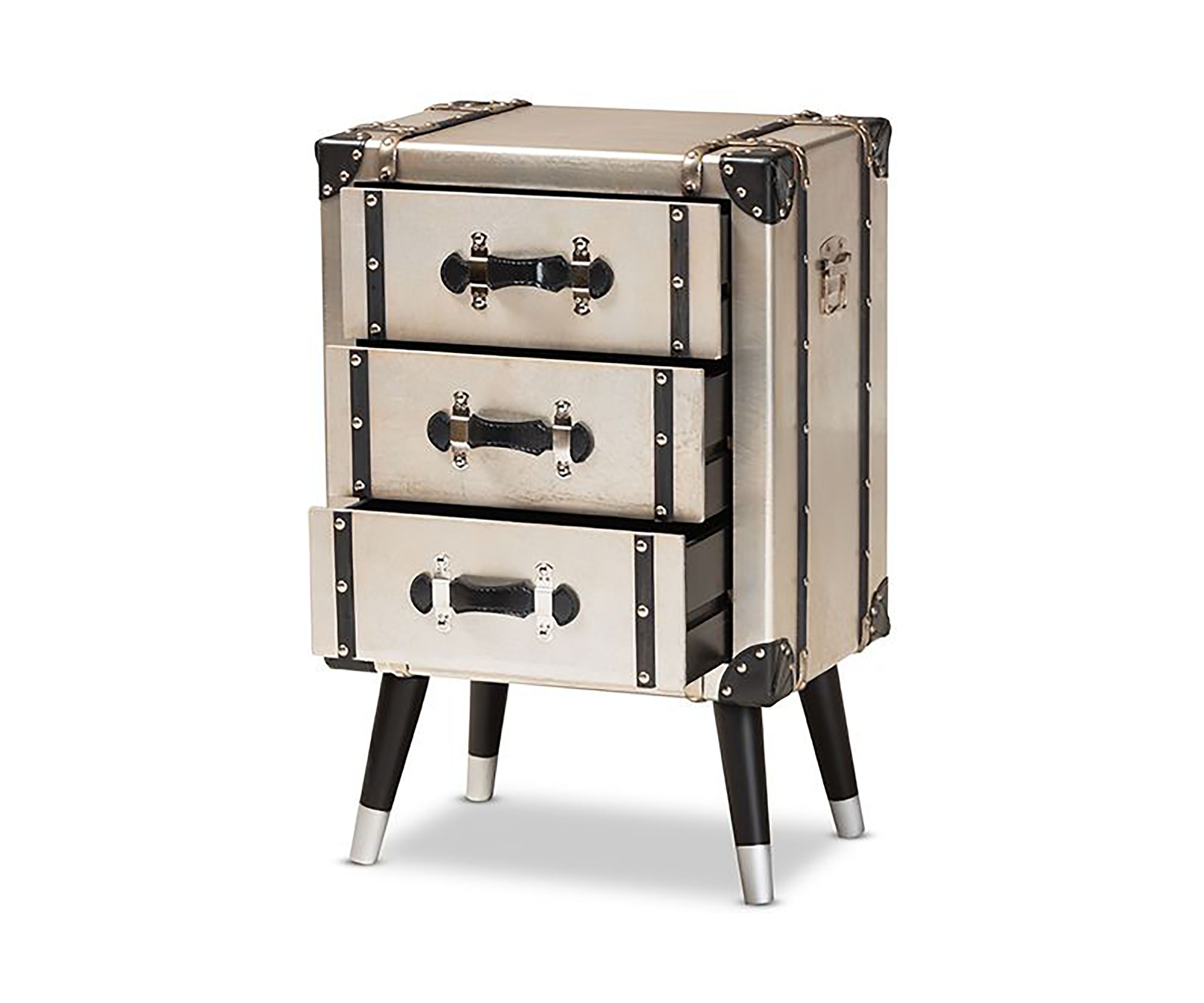 Dilan Vintage Industrial Antique Silver Finished Metal Trunk Inspired 3-Drawer Nightstand