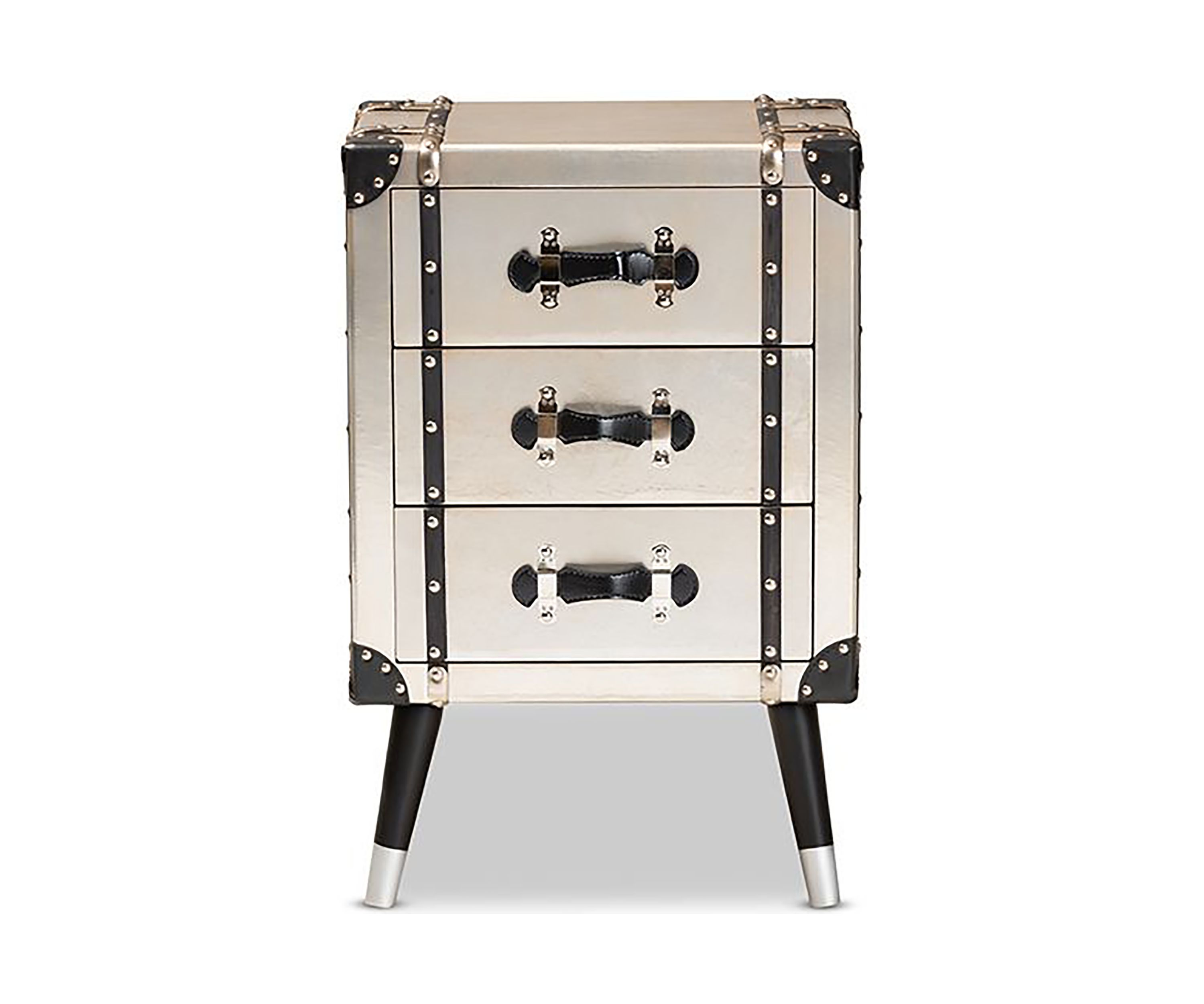 Dilan Vintage Industrial Antique Silver Finished Metal Trunk Inspired 3-Drawer Nightstand