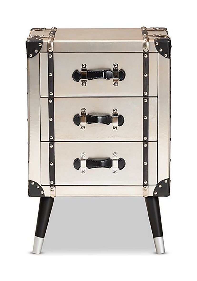 Dilan Vintage Industrial Antique Silver Finished Metal Trunk Inspired 3-Drawer Nightstand