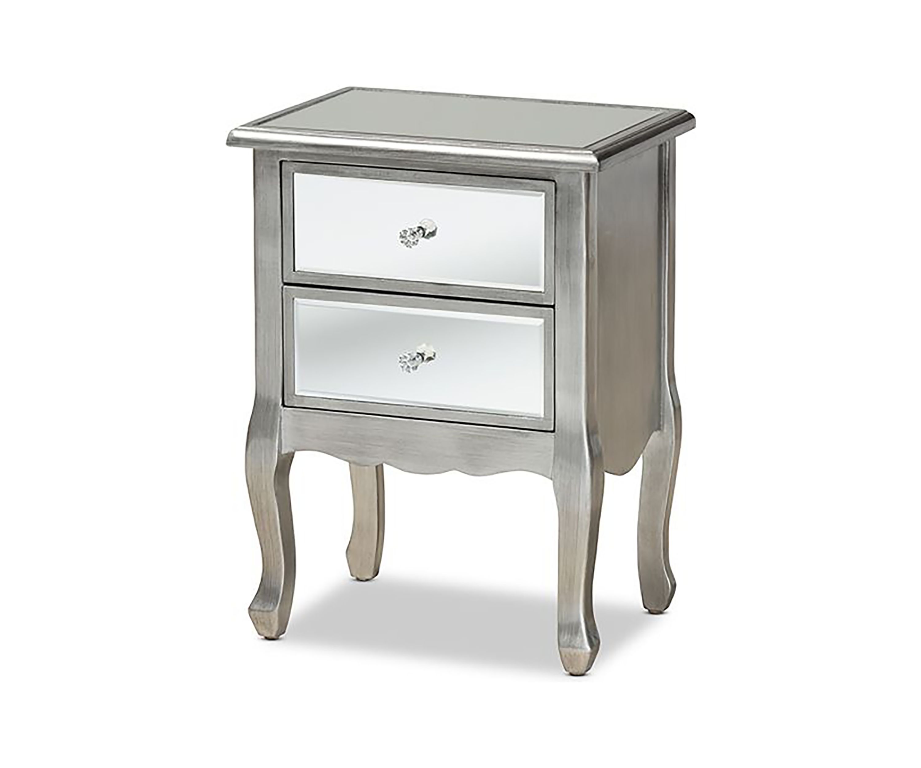 Leonie Modern Transitional French Brushed Silver Finished Wood and Mirrored Glass 2-Drawer Nightstand