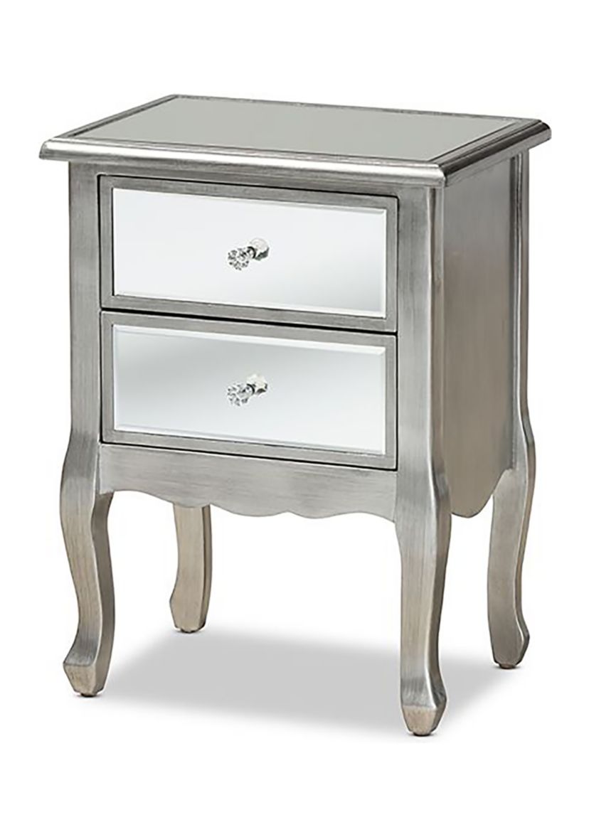 Leonie Modern Transitional French Brushed Silver Finished Wood and Mirrored Glass 2-Drawer Nightstand