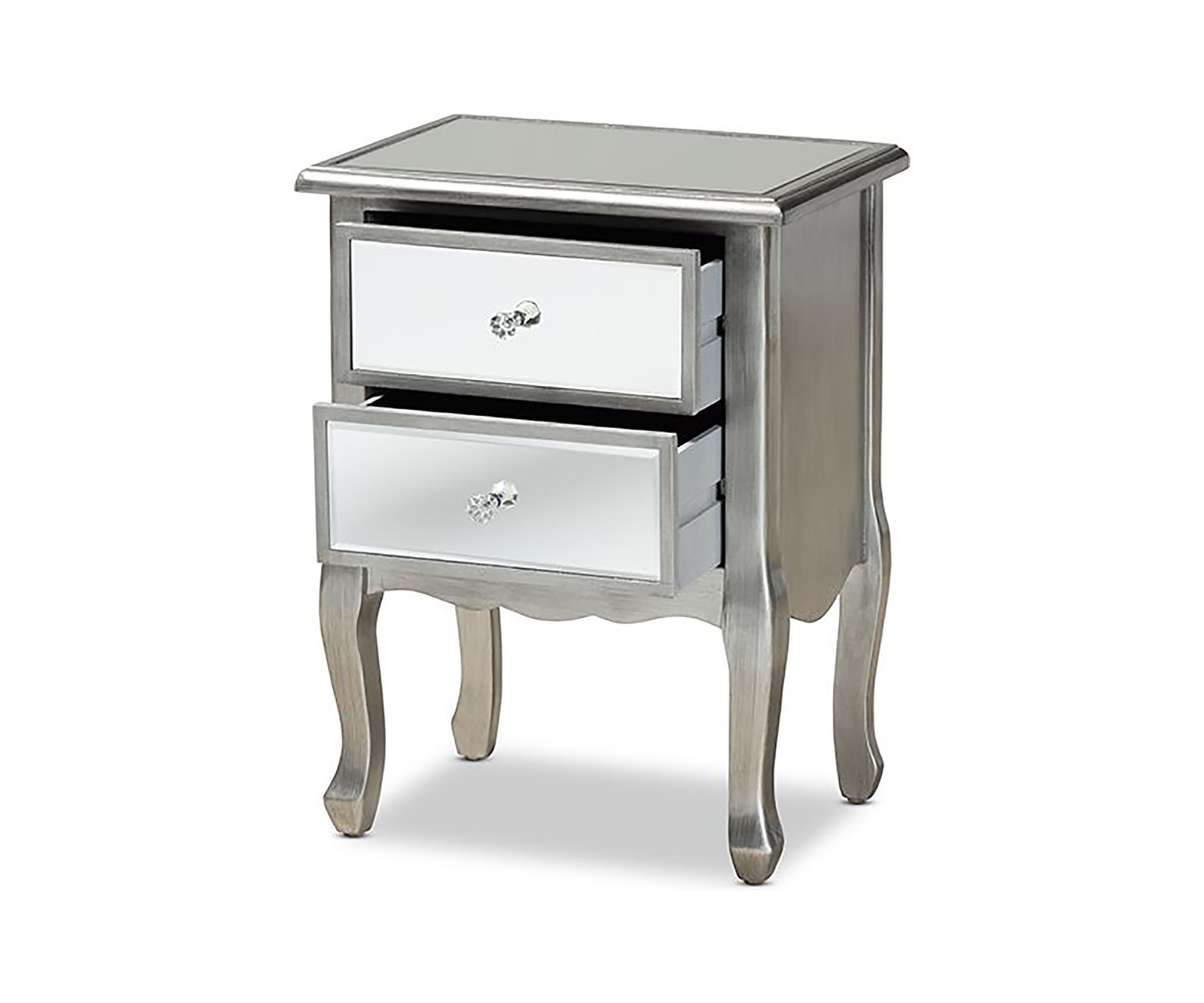 Leonie Modern Transitional French Brushed Silver Finished Wood and Mirrored Glass 2-Drawer Nightstand