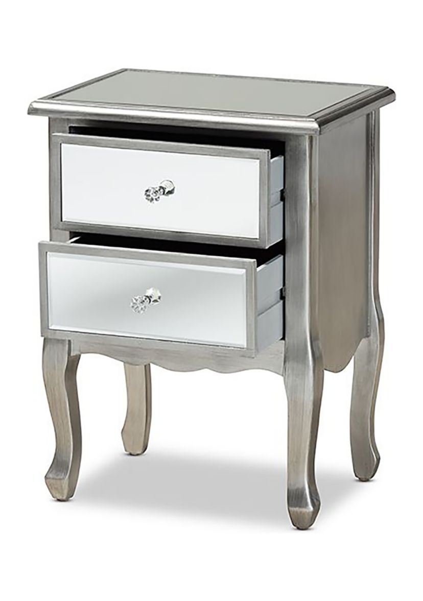 Leonie Modern Transitional French Brushed Silver Finished Wood and Mirrored Glass 2-Drawer Nightstand