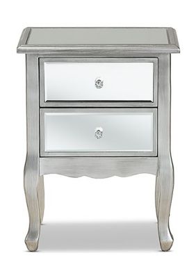 Leonie Modern Transitional French Brushed Silver Finished Wood and Mirrored Glass 2-Drawer Nightstand