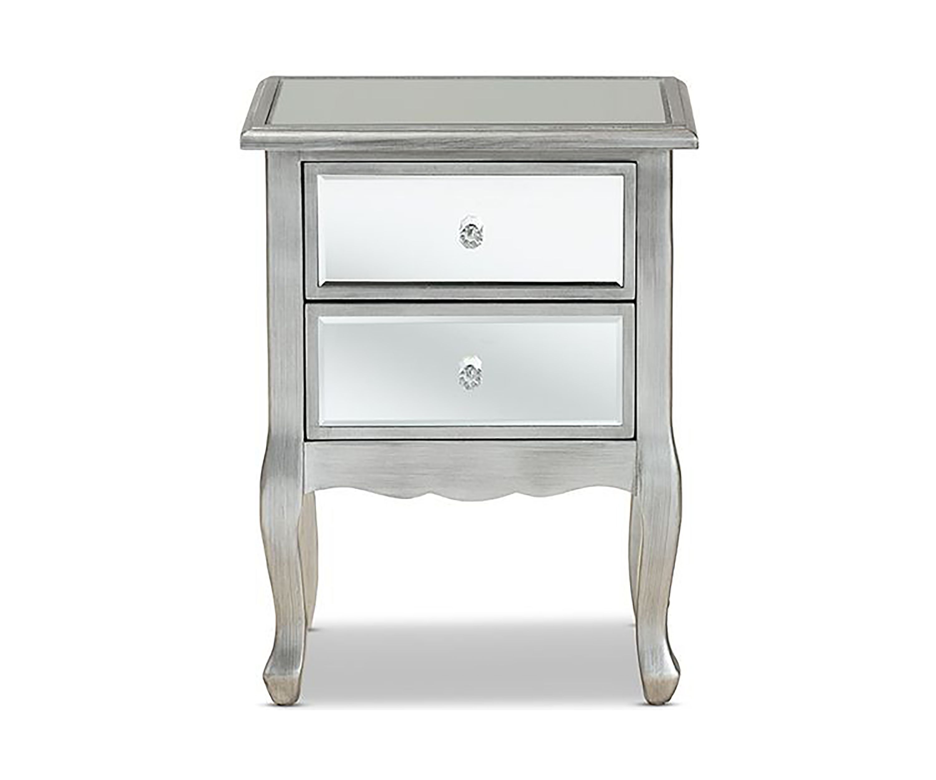 Leonie Modern Transitional French Brushed Silver Finished Wood and Mirrored Glass 2-Drawer Nightstand