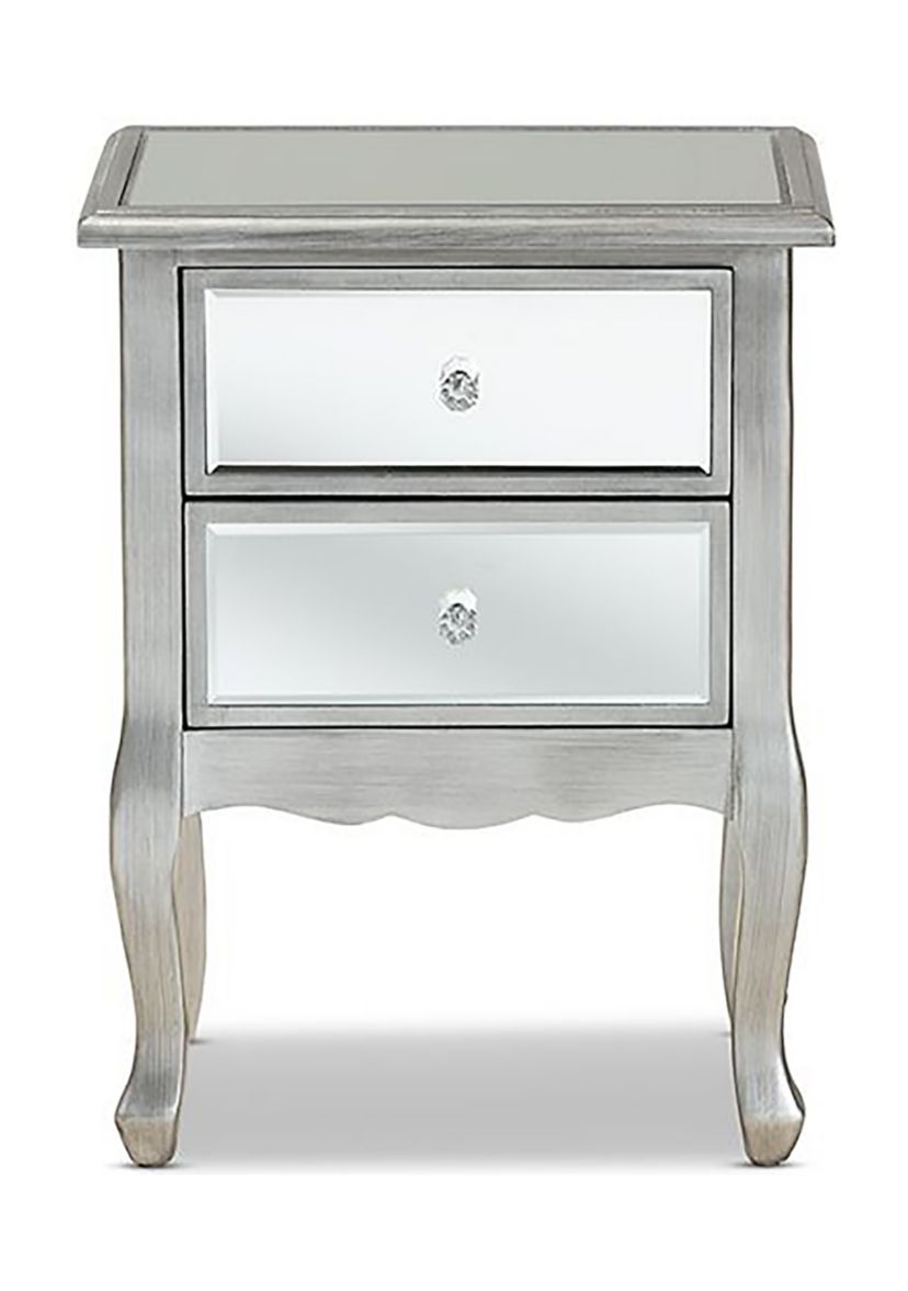 Leonie Modern Transitional French Brushed Silver Finished Wood and Mirrored Glass 2-Drawer Nightstand