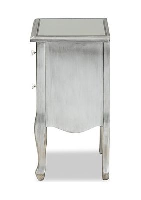 Leonie Modern Transitional French Brushed Silver Finished Wood and Mirrored Glass 2-Drawer Nightstand
