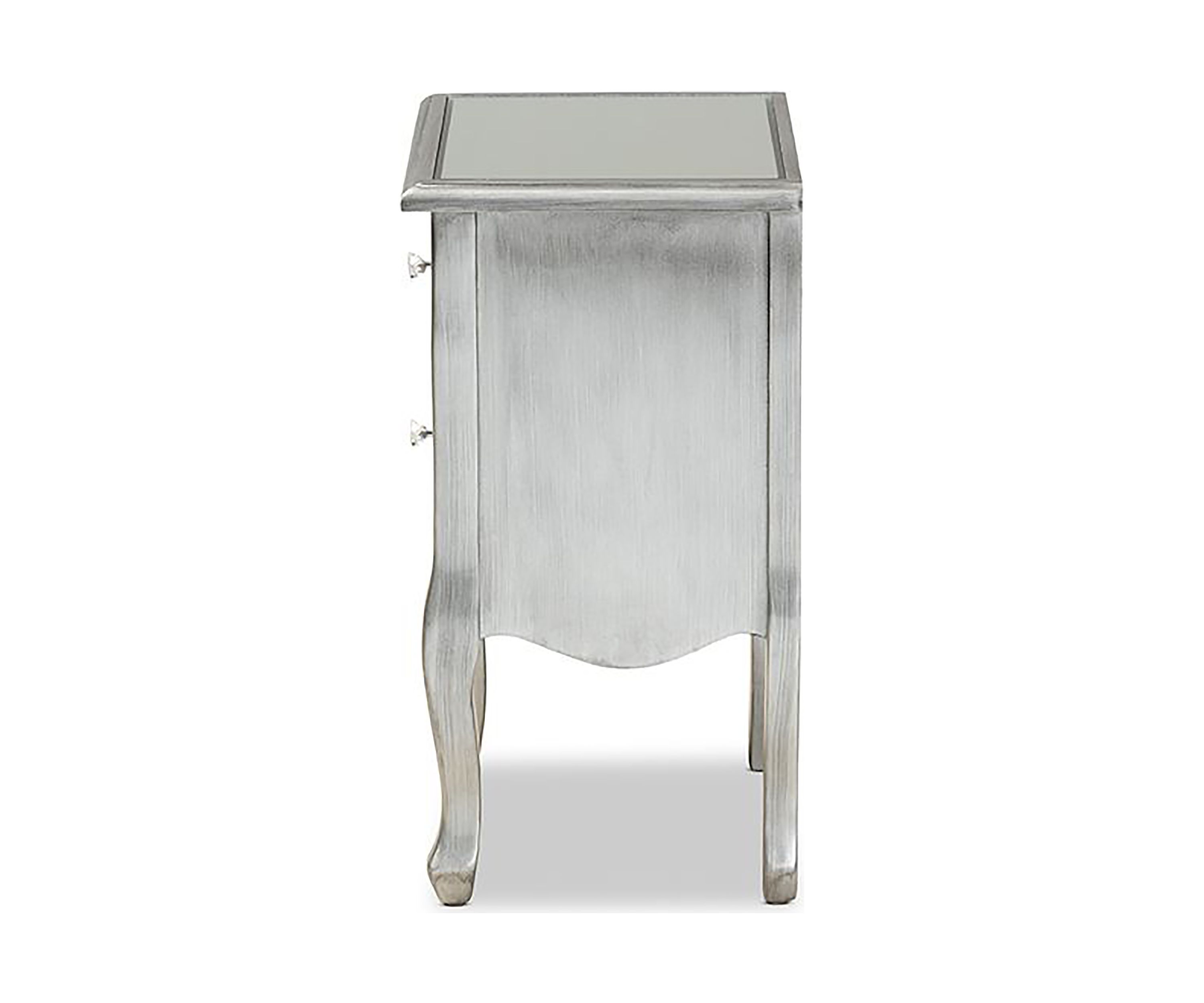 Leonie Modern Transitional French Brushed Silver Finished Wood and Mirrored Glass 2-Drawer Nightstand