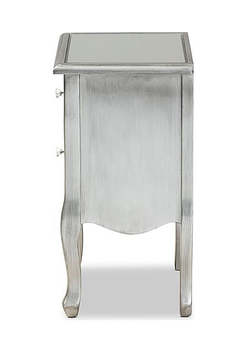 Leonie Modern Transitional French Brushed Silver Finished Wood and Mirrored Glass 2-Drawer Nightstand