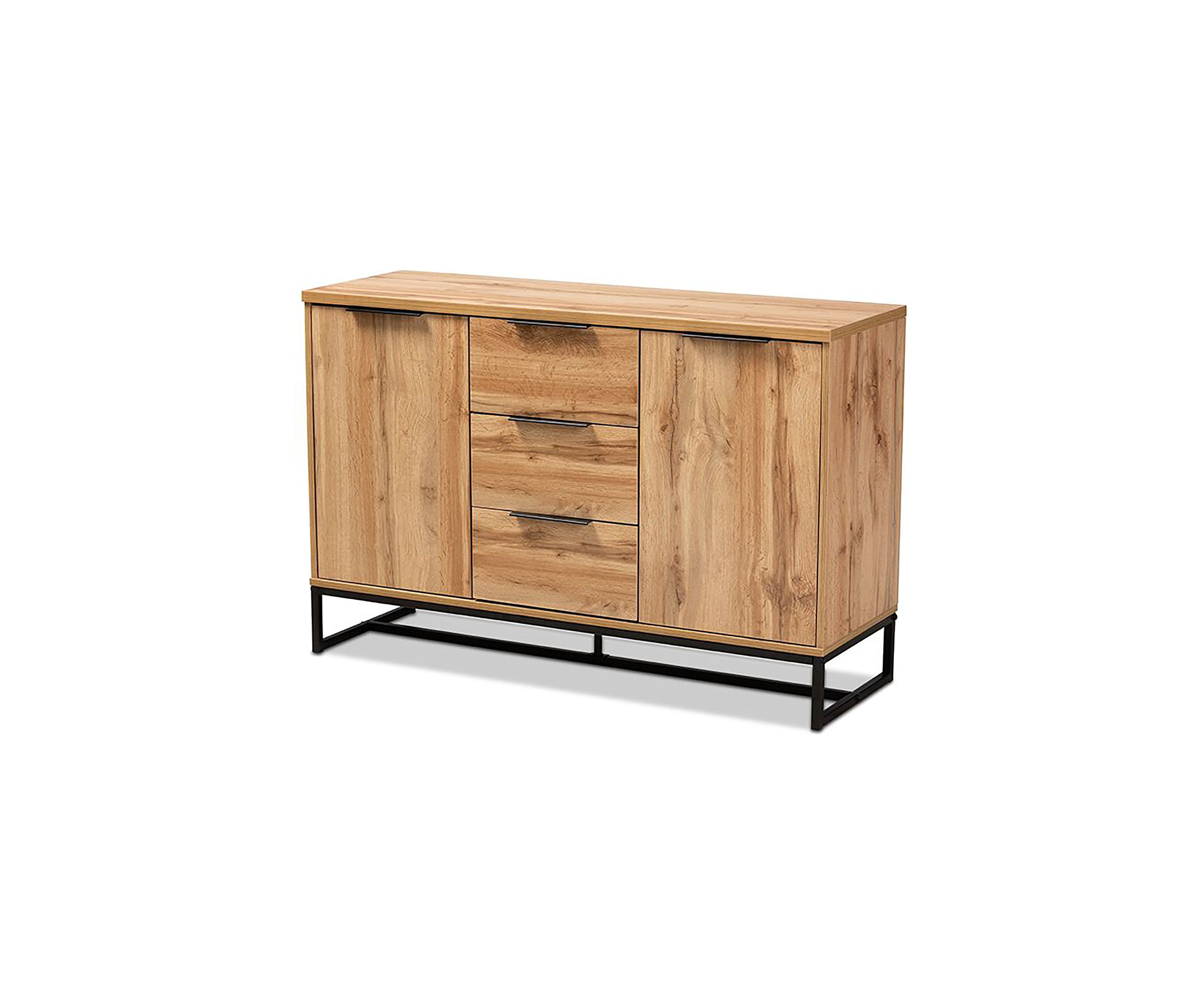 Reid Modern and Contemporary Industrial Oak Finished Wood and Black Metal 3-Drawer Sideboard Buffet