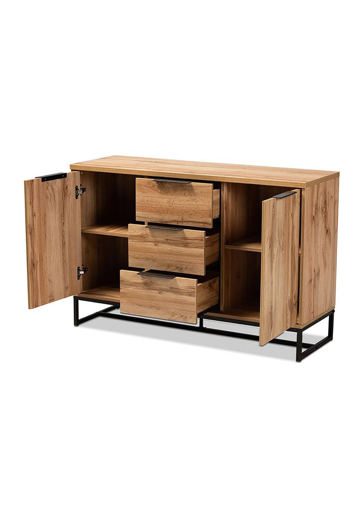 Reid Modern and Contemporary Industrial Oak Finished Wood and Black Metal 3-Drawer Sideboard Buffet