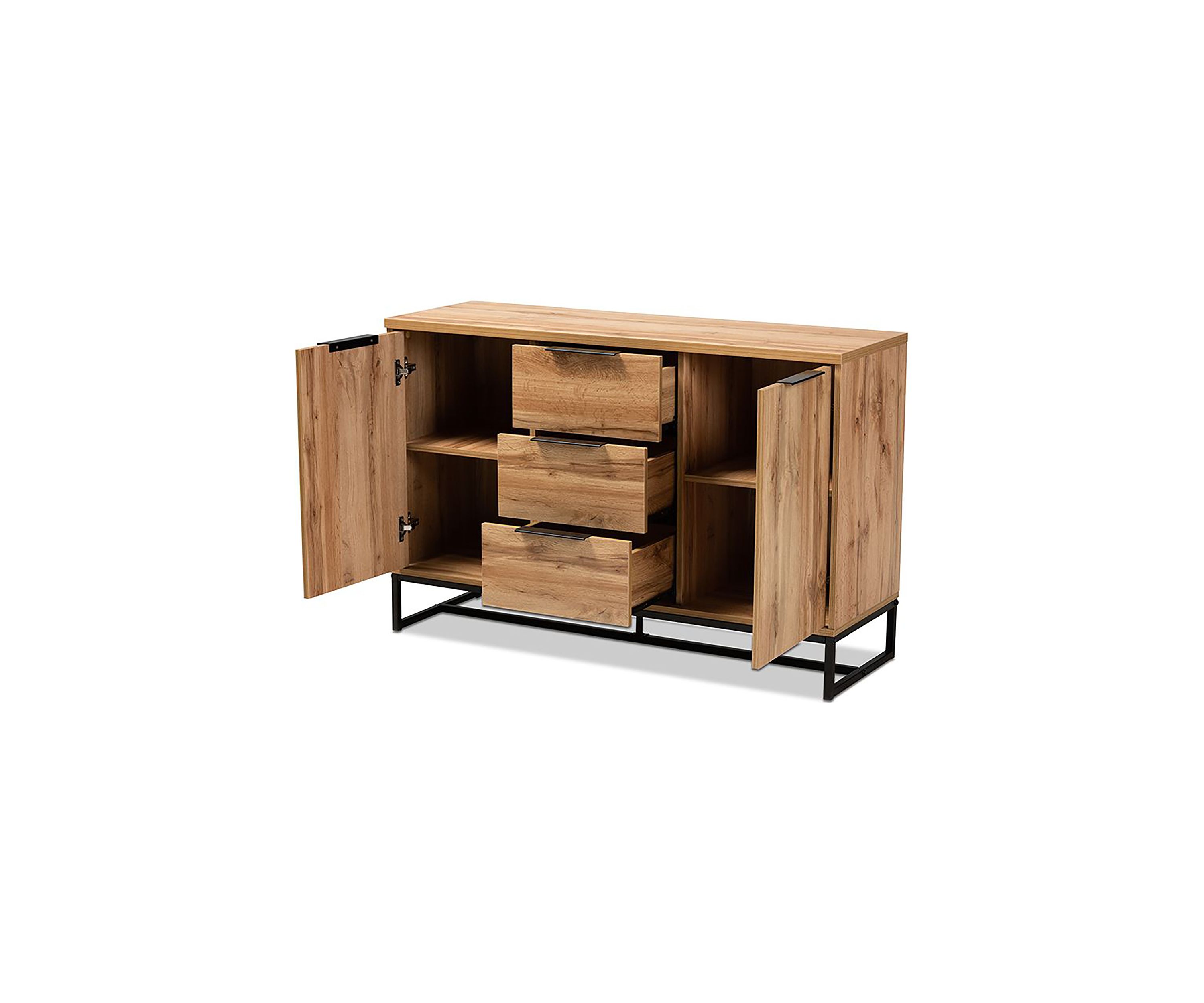 Reid Modern and Contemporary Industrial Oak Finished Wood and Black Metal 3-Drawer Sideboard Buffet