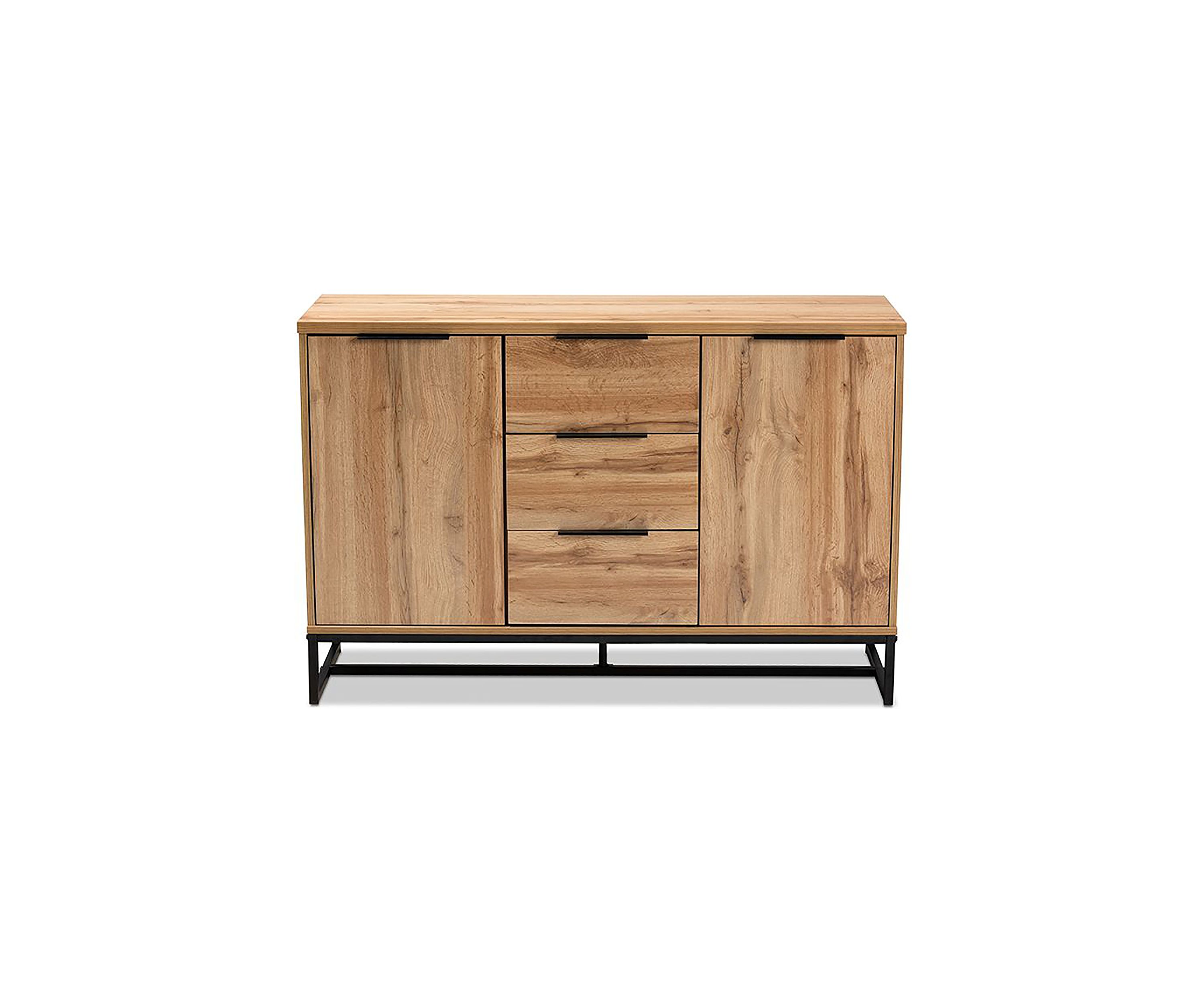 Reid Modern and Contemporary Industrial Oak Finished Wood and Black Metal 3-Drawer Sideboard Buffet