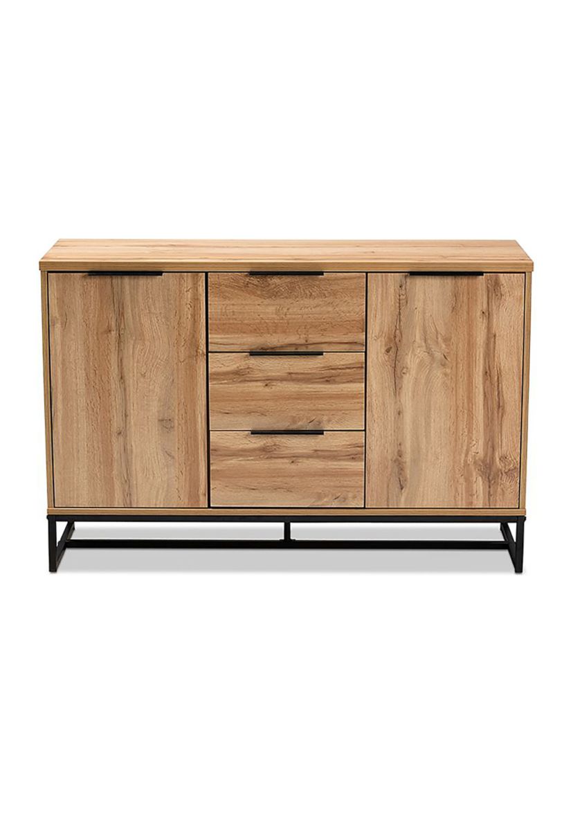 Reid Modern and Contemporary Industrial Oak Finished Wood and Black Metal 3-Drawer Sideboard Buffet