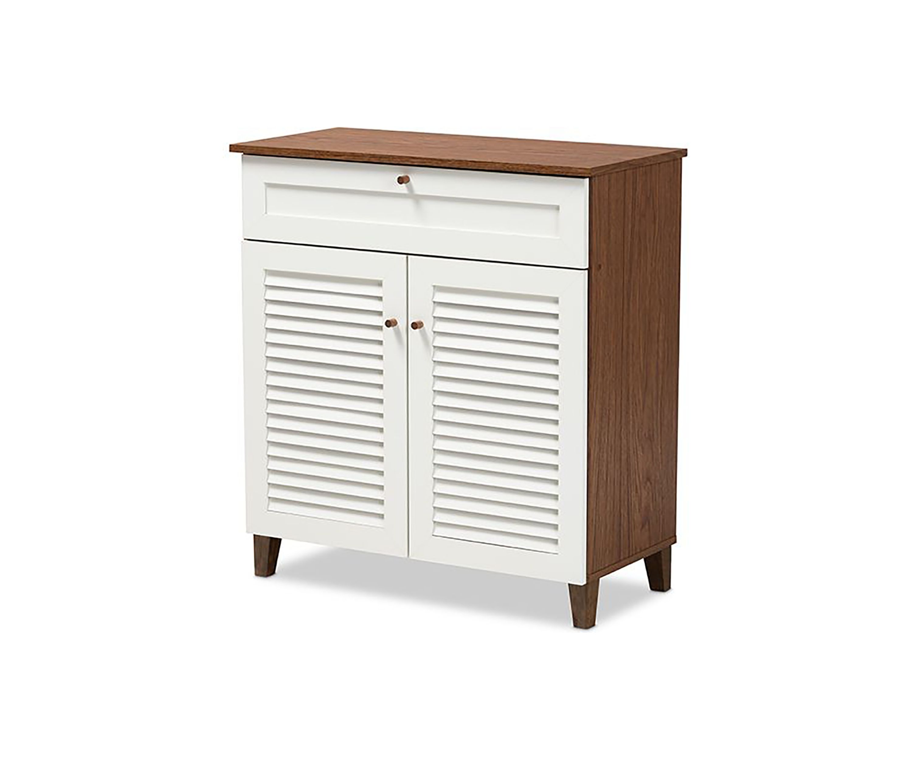 Coolidge Modern and Contemporary White and Walnut Finished 4-Shelf Wood Shoe Storage Cabinet with Drawer