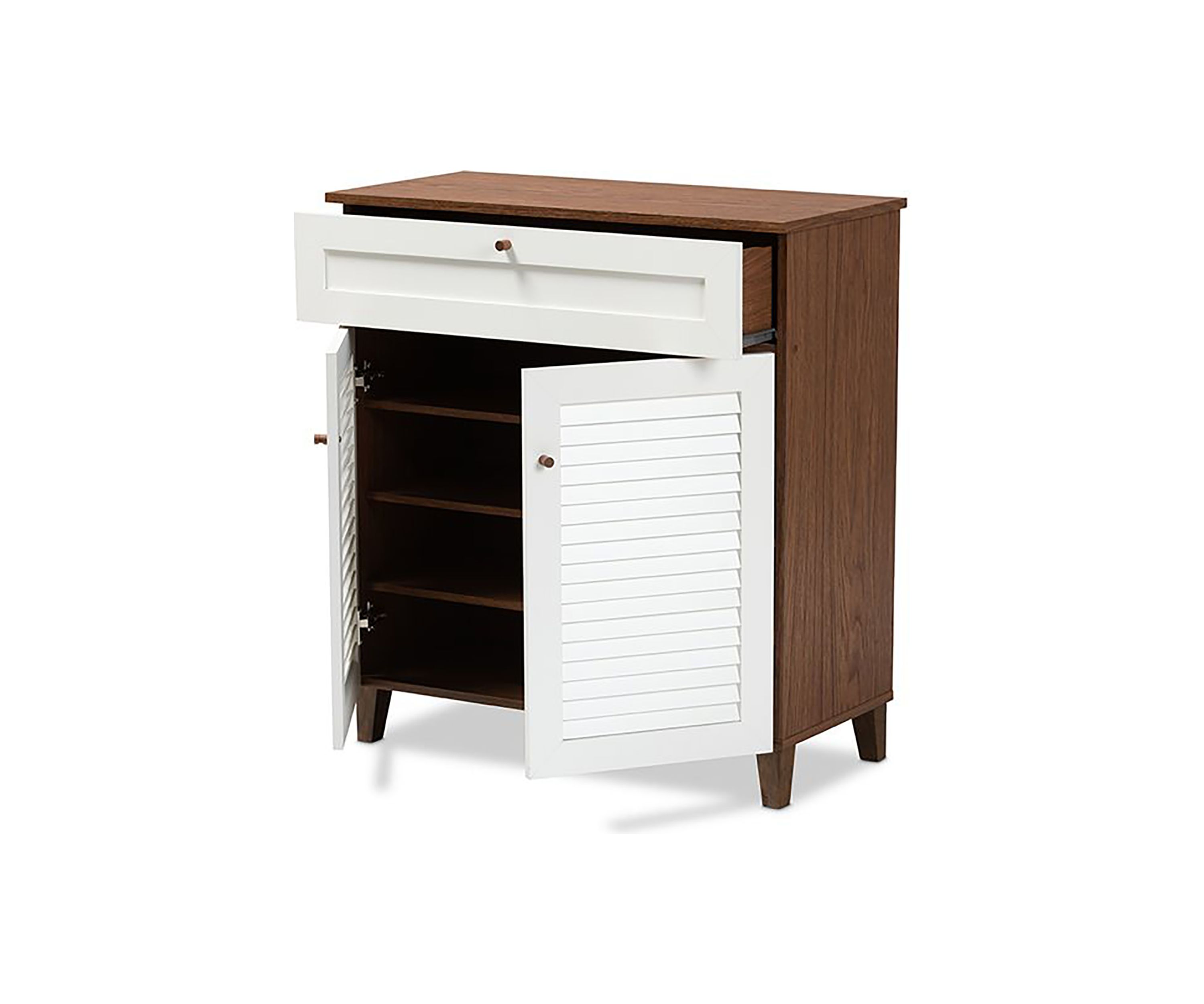 Coolidge Modern and Contemporary White and Walnut Finished 4-Shelf Wood Shoe Storage Cabinet with Drawer