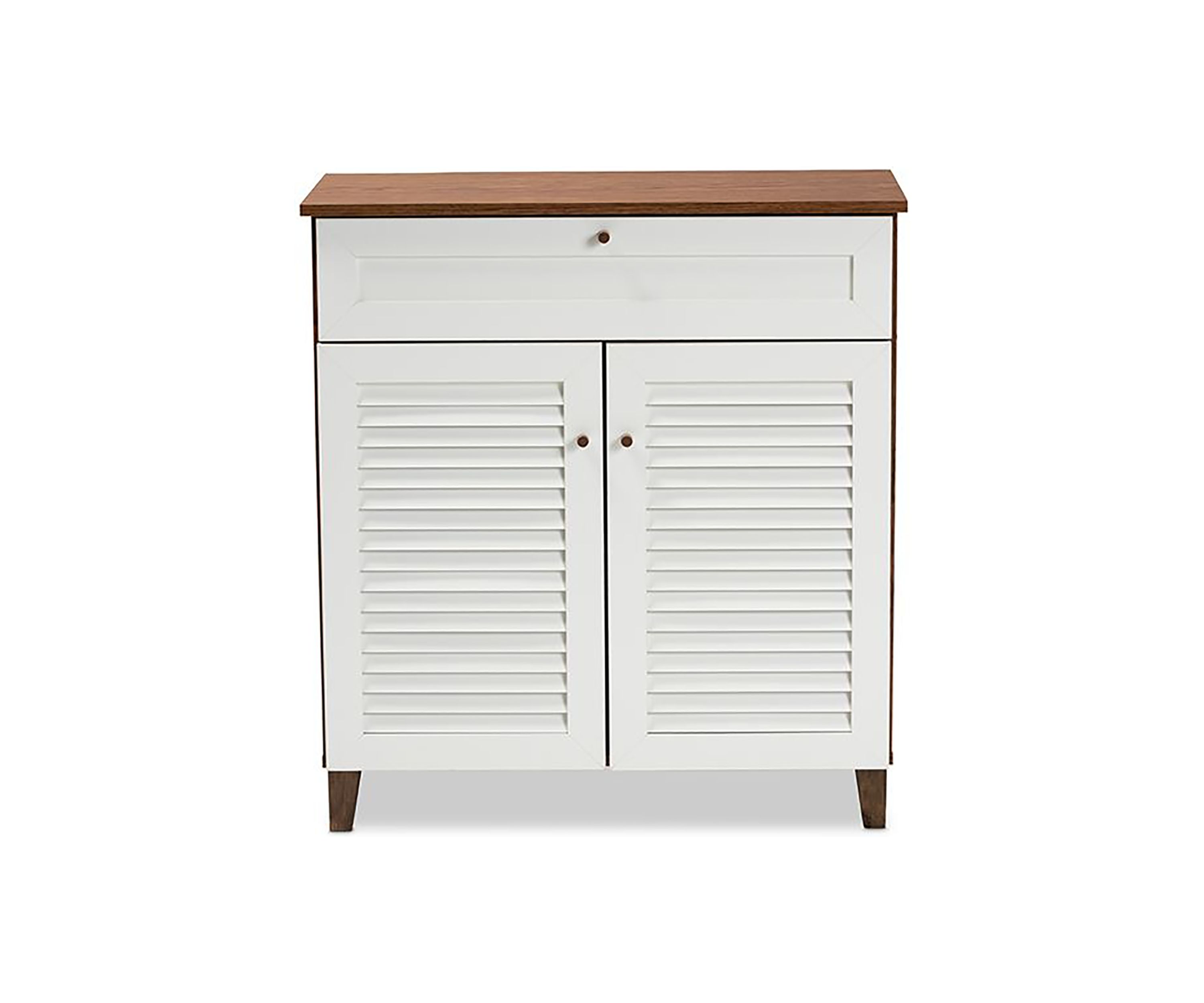 Coolidge Modern and Contemporary White and Walnut Finished 4-Shelf Wood Shoe Storage Cabinet with Drawer