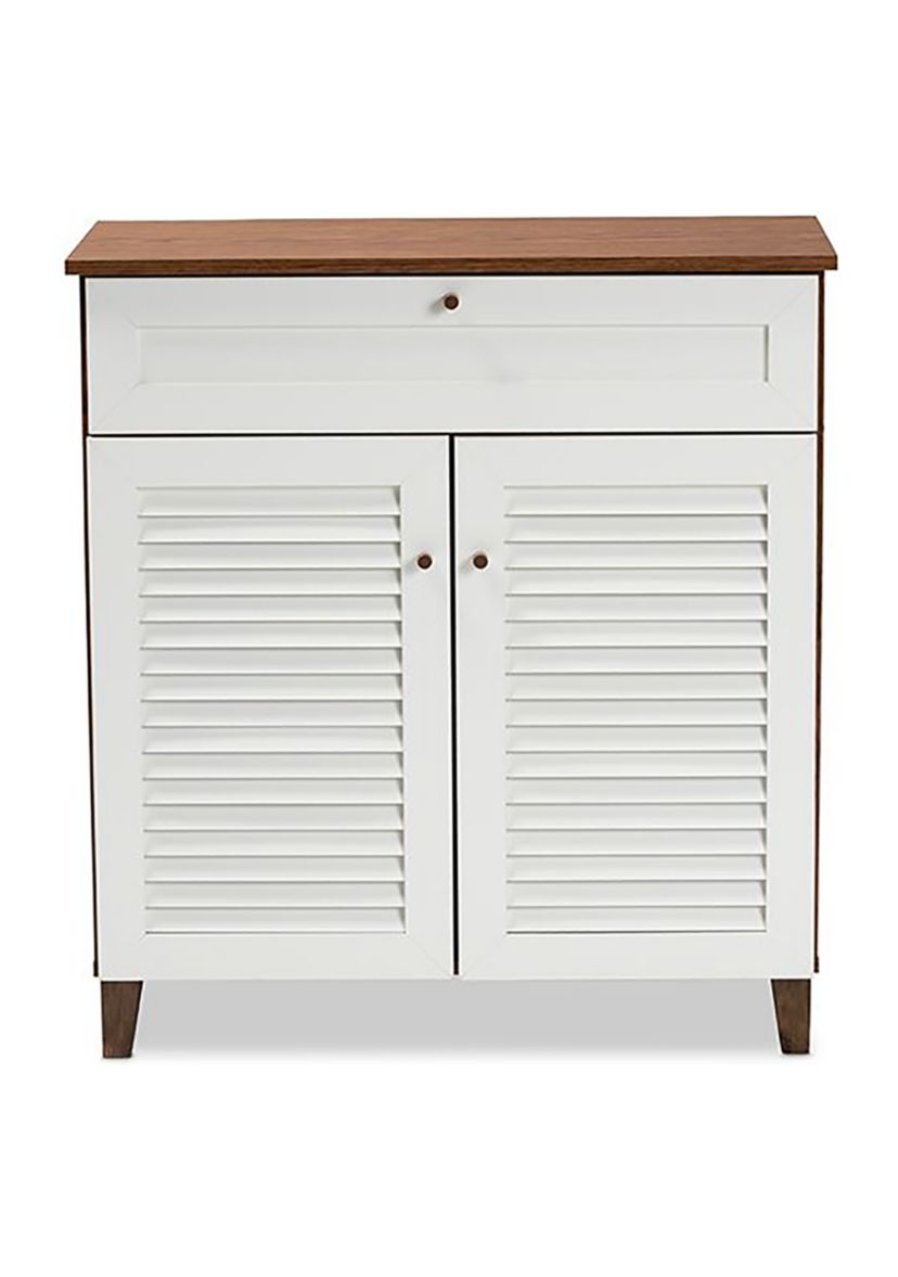 Coolidge Modern and Contemporary White and Walnut Finished 4-Shelf Wood Shoe Storage Cabinet with Drawer