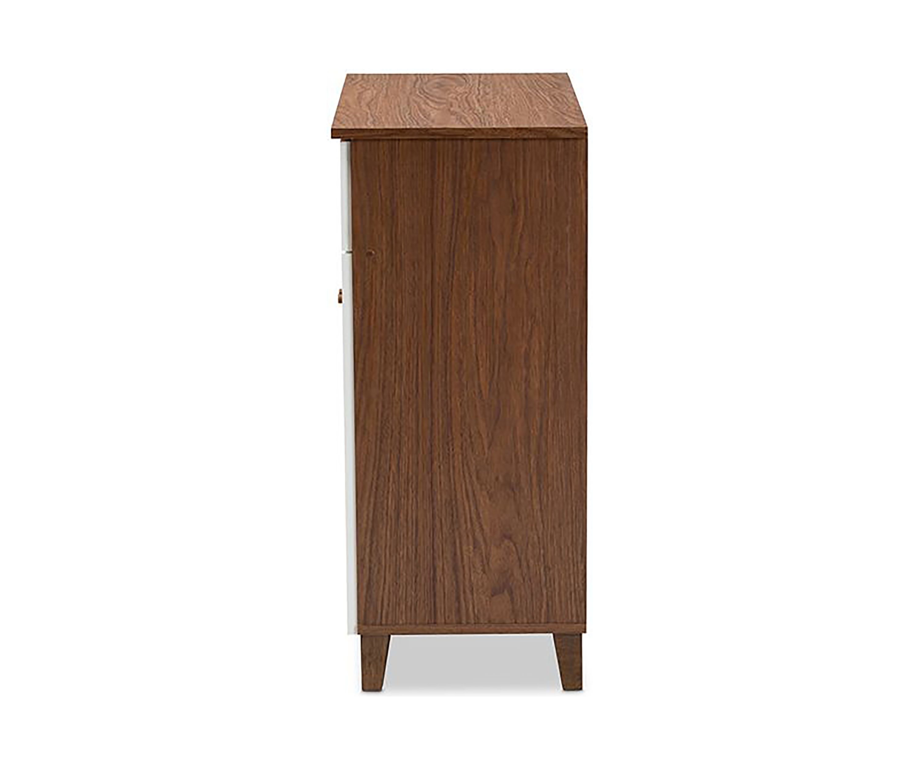 Coolidge Modern and Contemporary White and Walnut Finished 4-Shelf Wood Shoe Storage Cabinet with Drawer