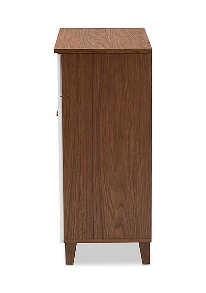 Coolidge Modern and Contemporary White and Walnut Finished 4-Shelf Wood Shoe Storage Cabinet with Drawer