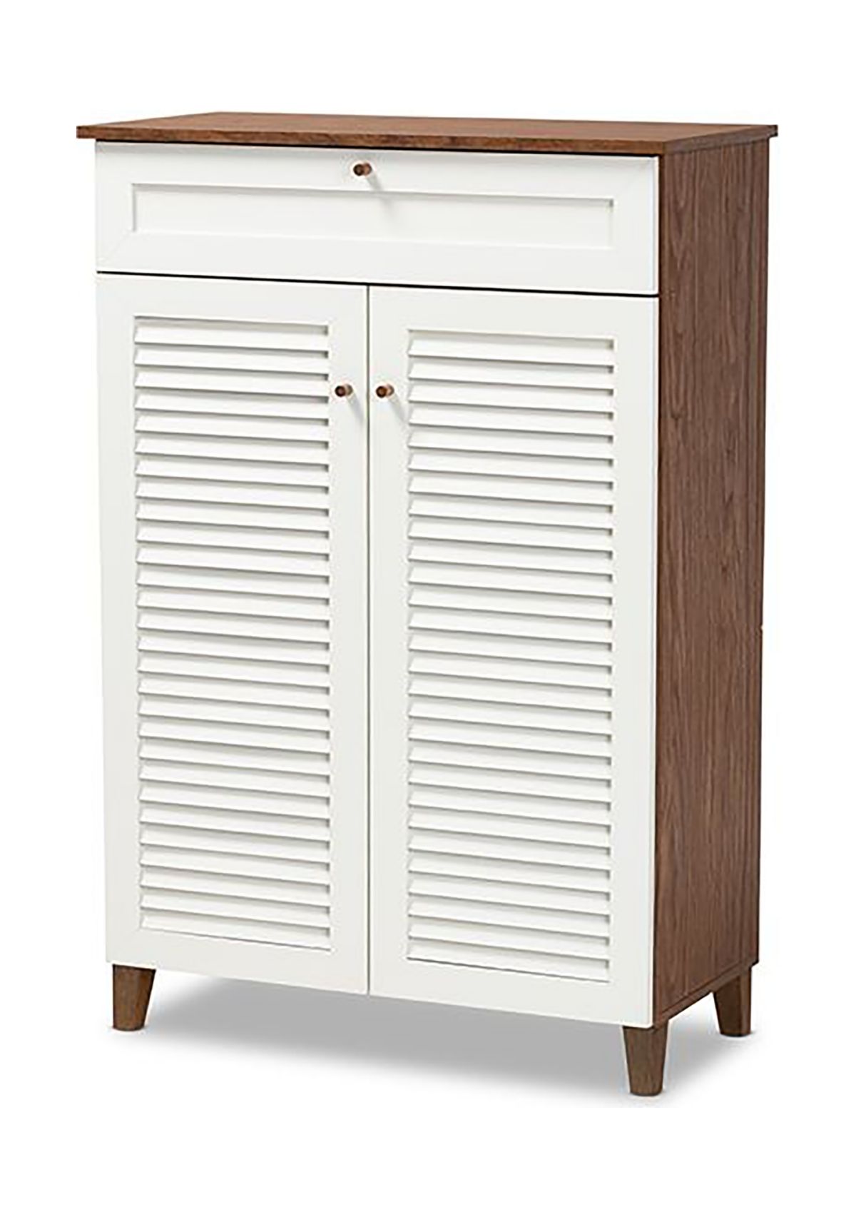 Coolidge Modern and Contemporary White and Walnut Finished 5-Shelf Wood Shoe Storage Cabinet with Drawer