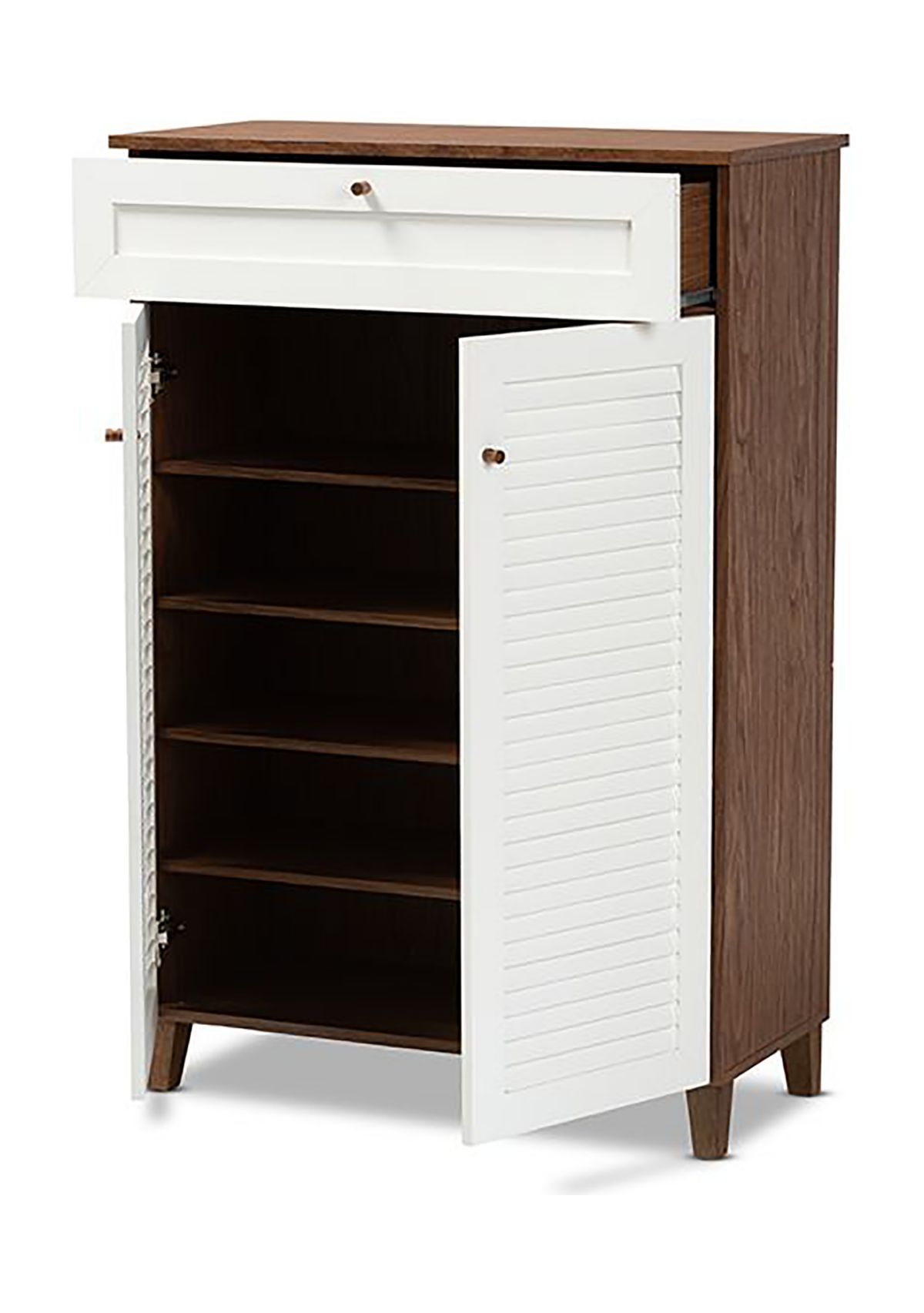 Coolidge Modern and Contemporary White and Walnut Finished 5-Shelf Wood Shoe Storage Cabinet with Drawer