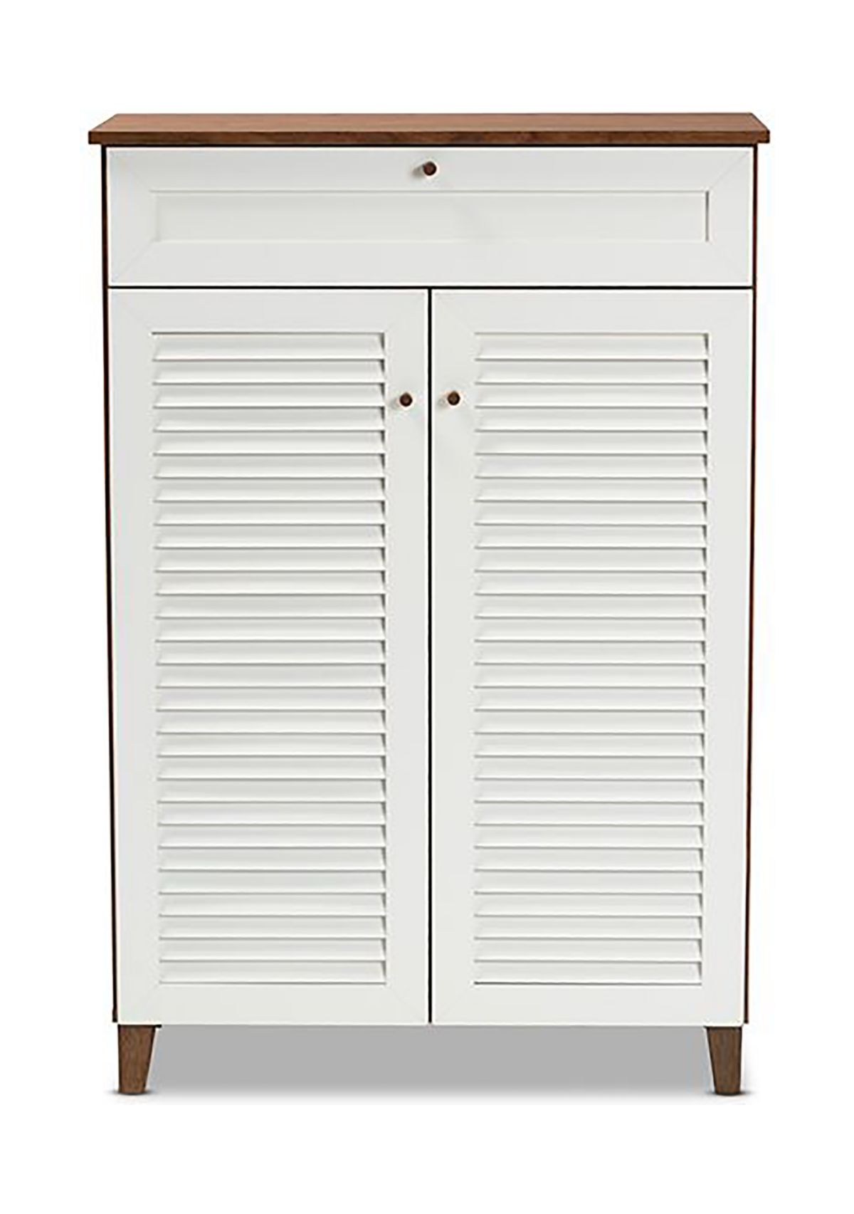 Coolidge Modern and Contemporary White and Walnut Finished 5-Shelf Wood Shoe Storage Cabinet with Drawer