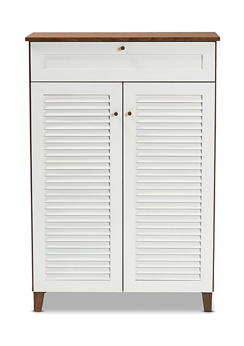Coolidge Modern and Contemporary White and Walnut Finished 5-Shelf Wood Shoe Storage Cabinet with Drawer