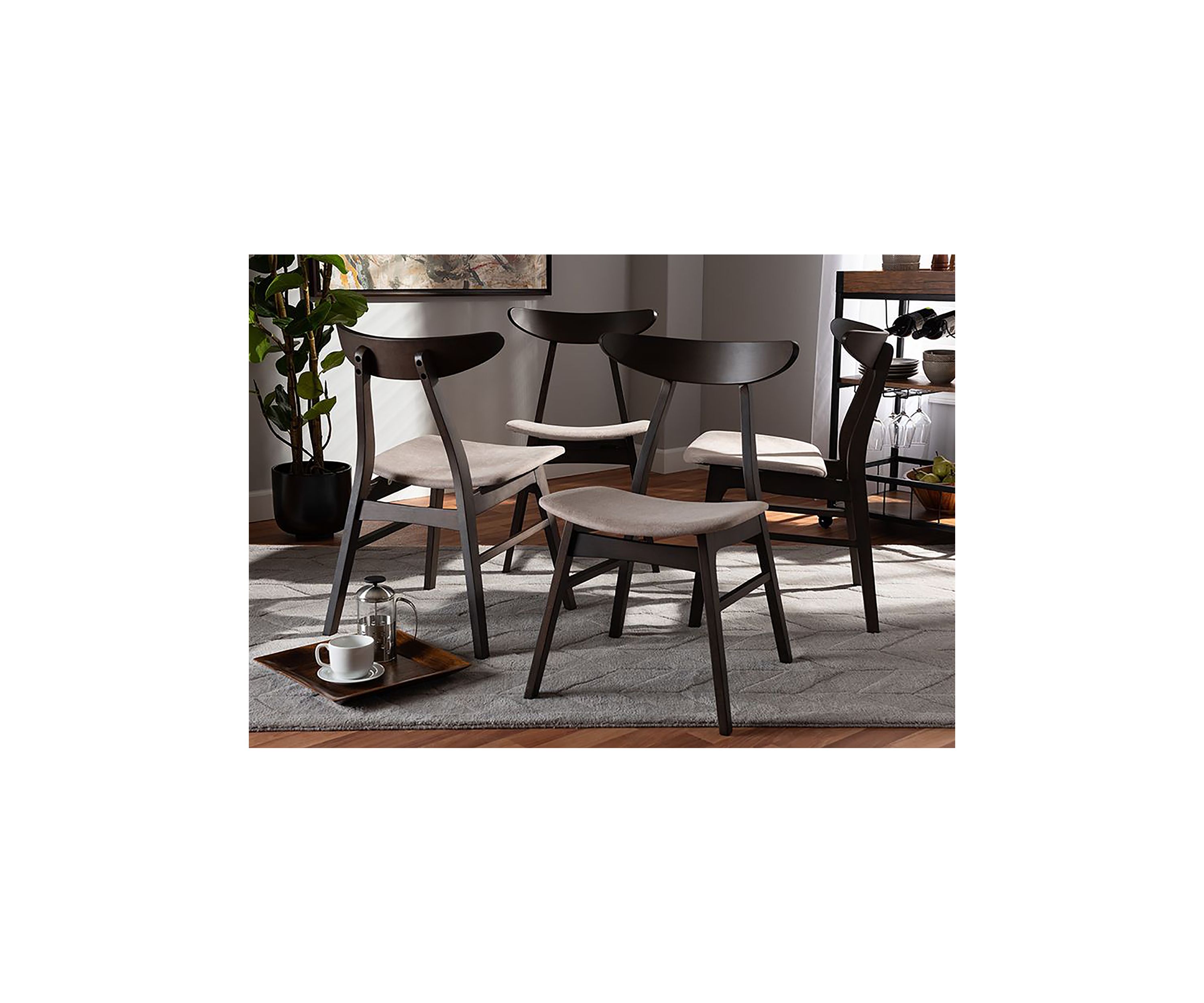 Britte Mid-Century Modern Beige Fabric Upholstered Dark Oak Brown Finished 4-Piece Wood Dining Chair Set