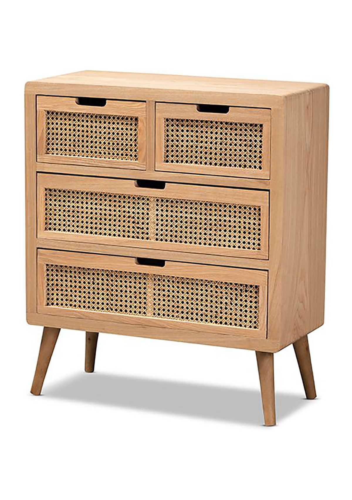 Alina Mid-Century Modern Medium Oak Finished Wood and Rattan 4-Drawer Accent Storage Cabinet