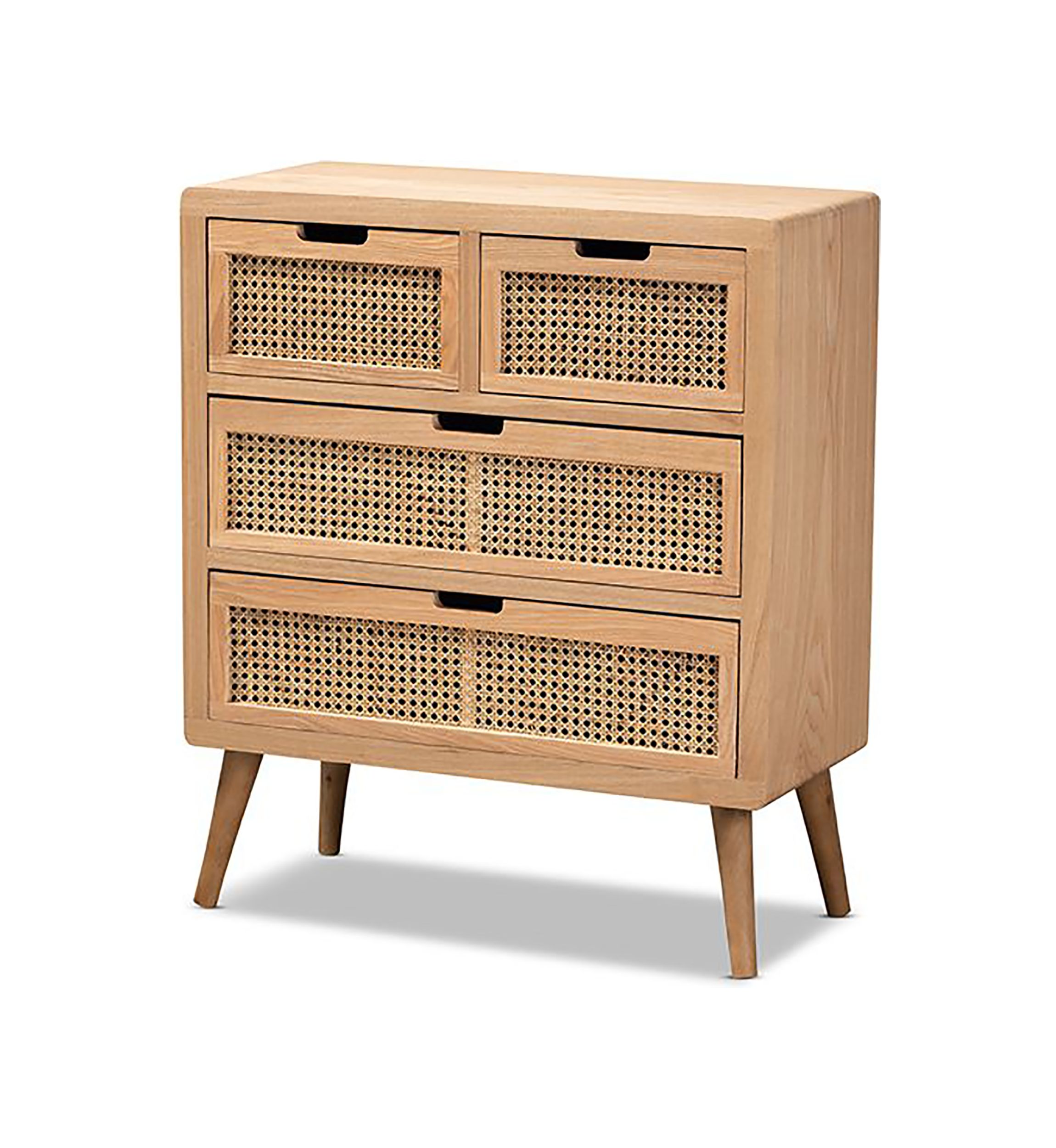 Alina Mid-Century Modern Medium Oak Finished Wood and Rattan 4-Drawer Accent Storage Cabinet