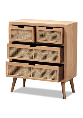 Alina Mid-Century Modern Medium Oak Finished Wood and Rattan 4-Drawer Accent Storage Cabinet