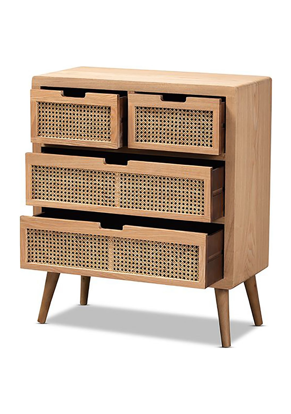 Alina Mid-Century Modern Medium Oak Finished Wood and Rattan 4-Drawer Accent Storage Cabinet