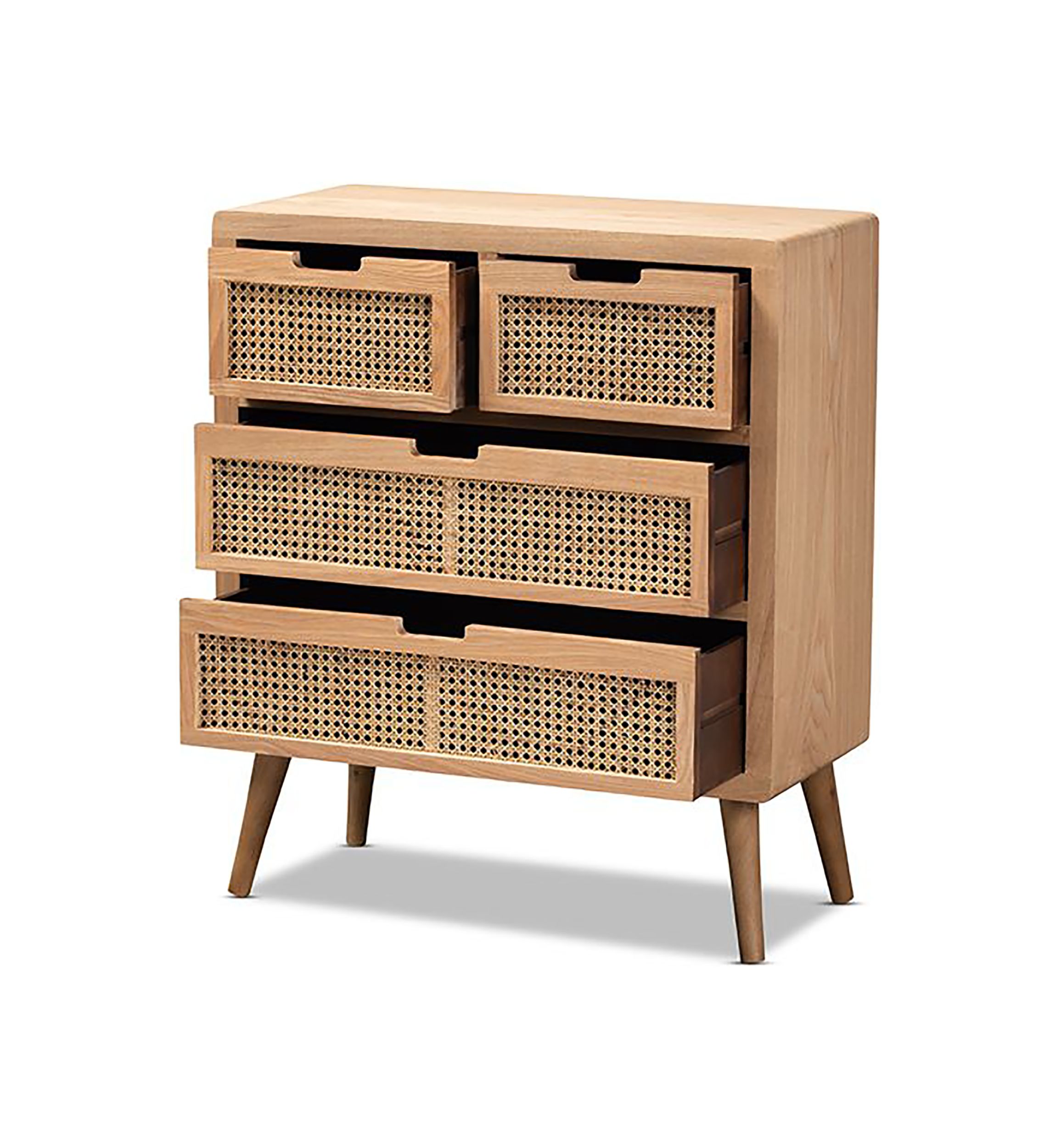 Alina Mid-Century Modern Medium Oak Finished Wood and Rattan 4-Drawer Accent Storage Cabinet