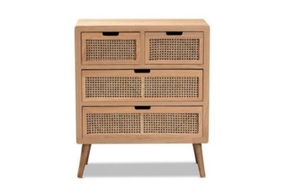 Alina Mid-Century Modern Medium Oak Finished Wood and Rattan 4-Drawer Accent Storage Cabinet