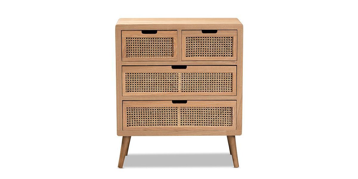Alina Mid-Century Modern Medium Oak Finished Wood and Rattan 4-Drawer Accent Storage Cabinet