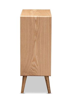 Alina Mid-Century Modern Medium Oak Finished Wood and Rattan 4-Drawer Accent Storage Cabinet