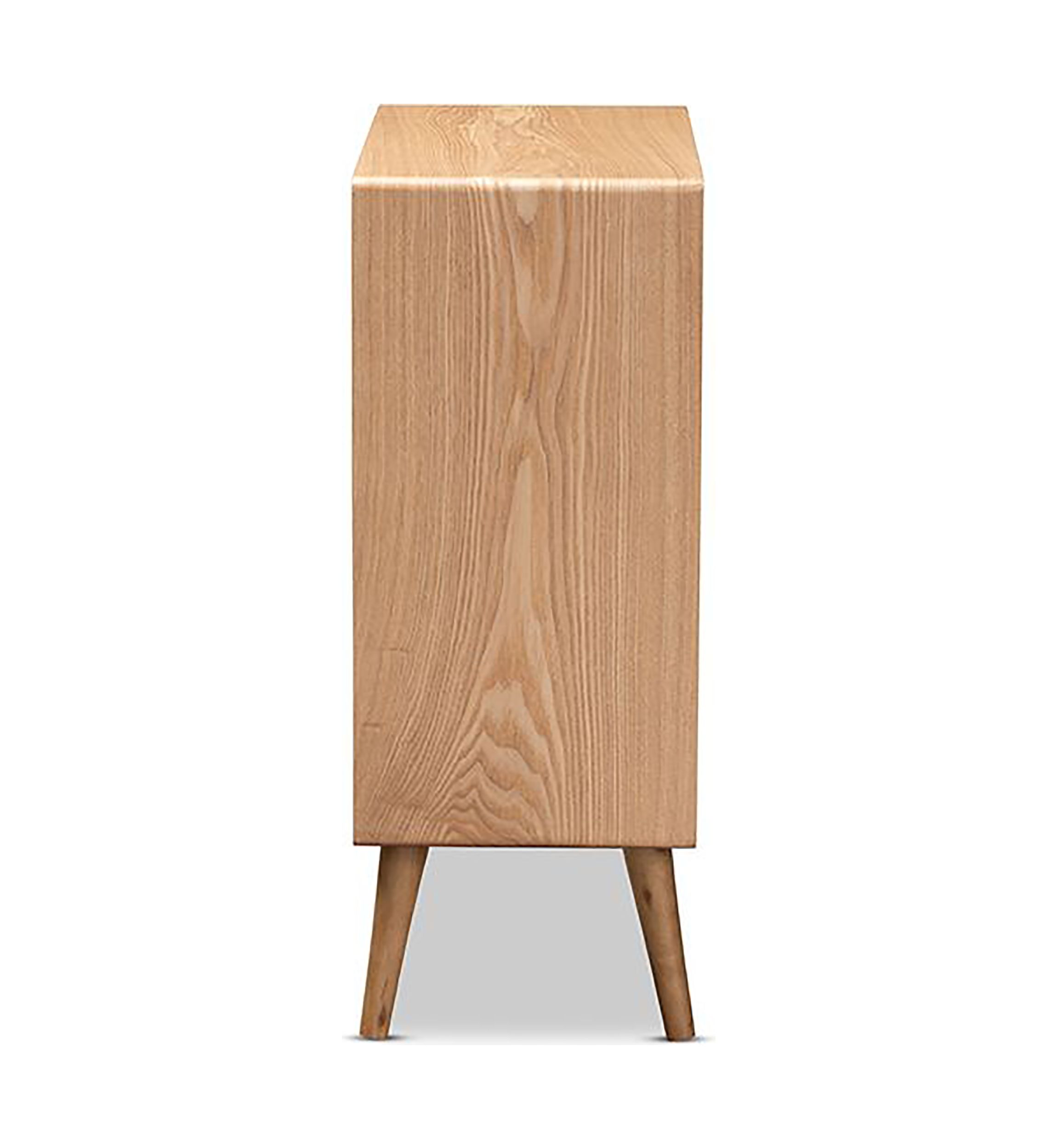 Alina Mid-Century Modern Medium Oak Finished Wood and Rattan 4-Drawer Accent Storage Cabinet