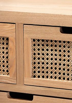 Alina Mid-Century Modern Medium Oak Finished Wood and Rattan 4-Drawer Accent Storage Cabinet