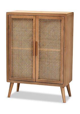 Alina Mid-Century Modern Medium Oak Finished Wood and Rattan 2-Door Accent Storage Cabinet