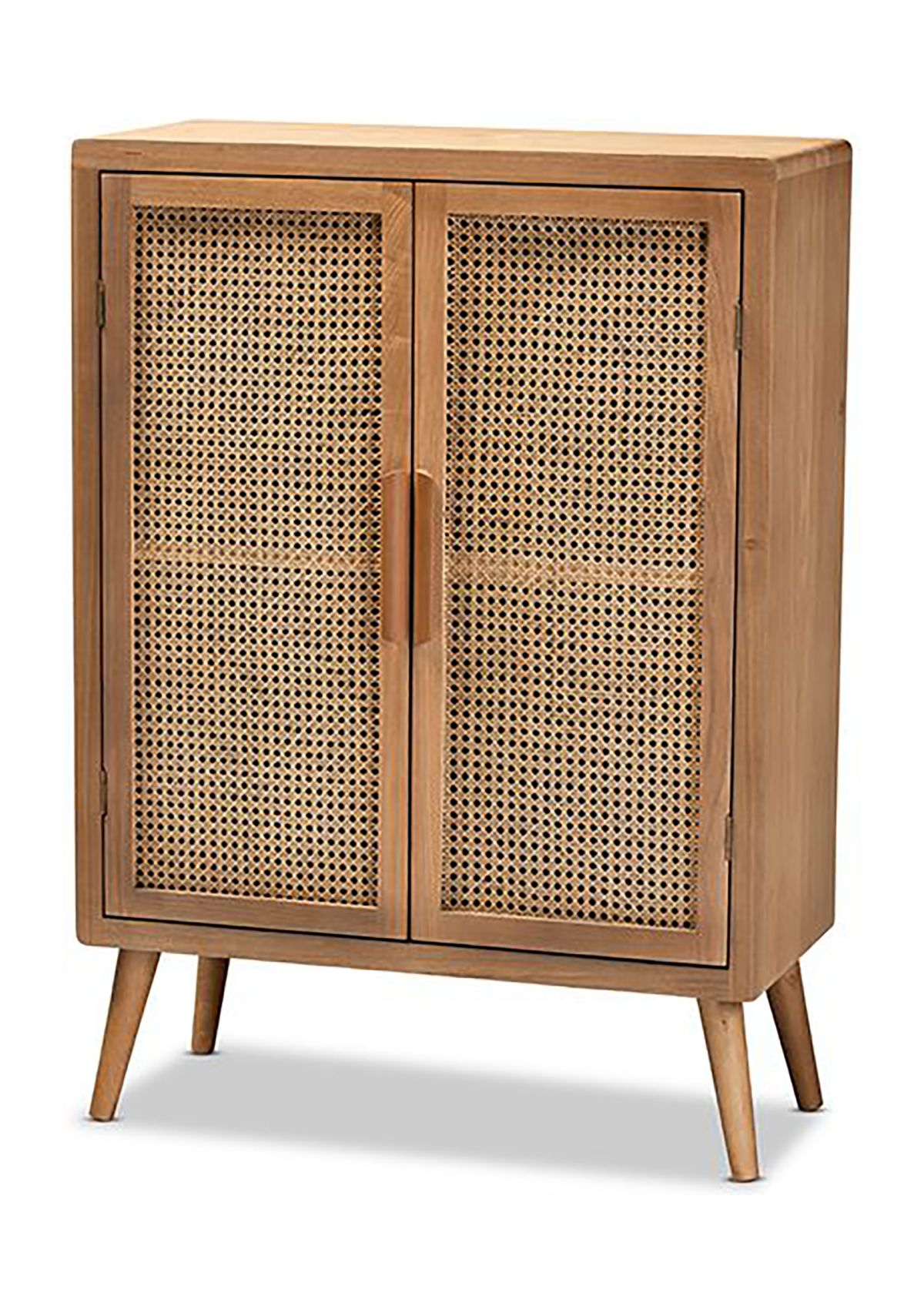 Alina Mid-Century Modern Medium Oak Finished Wood and Rattan 2-Door Accent Storage Cabinet