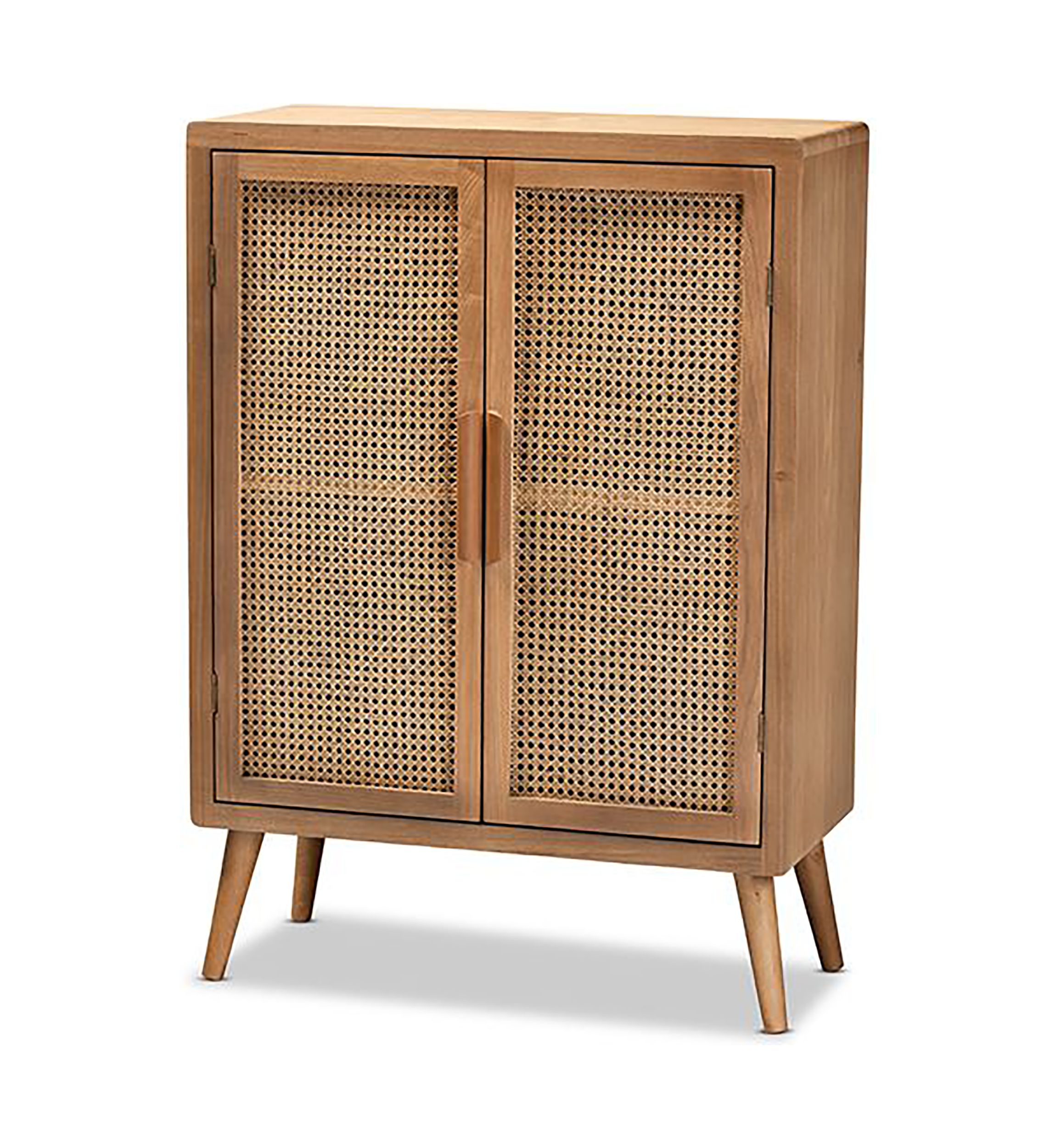 Alina Mid-Century Modern Medium Oak Finished Wood and Rattan 2-Door Accent Storage Cabinet