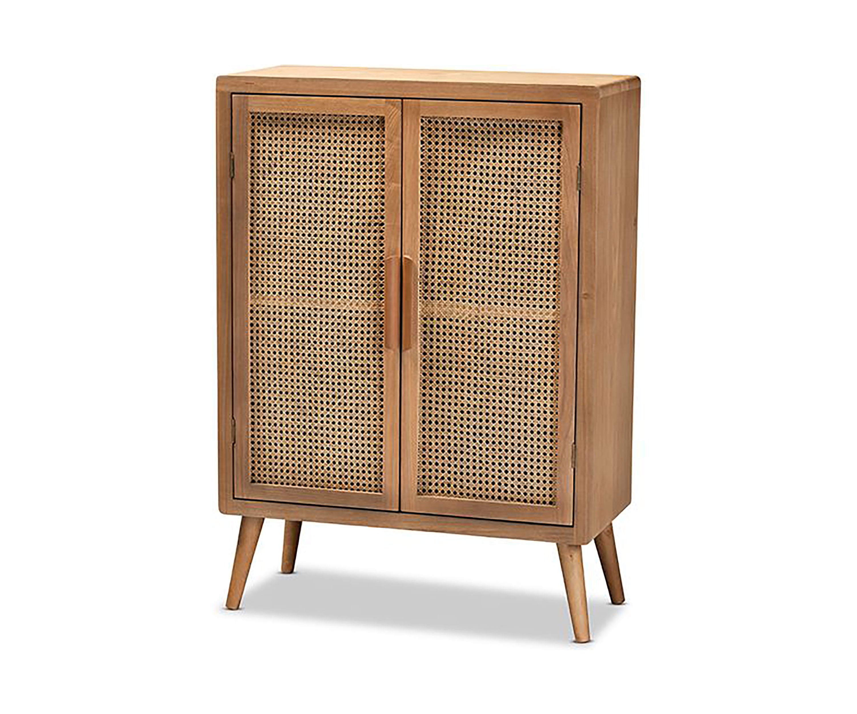 Alina Mid-Century Modern Medium Oak Finished Wood and Rattan 2-Door Accent Storage Cabinet