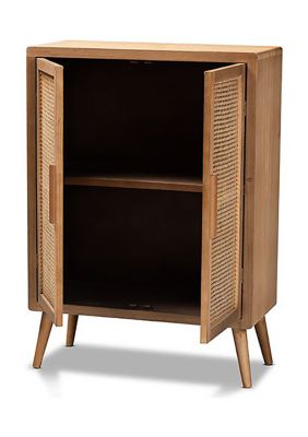 Alina Mid-Century Modern Medium Oak Finished Wood and Rattan 2-Door Accent Storage Cabinet