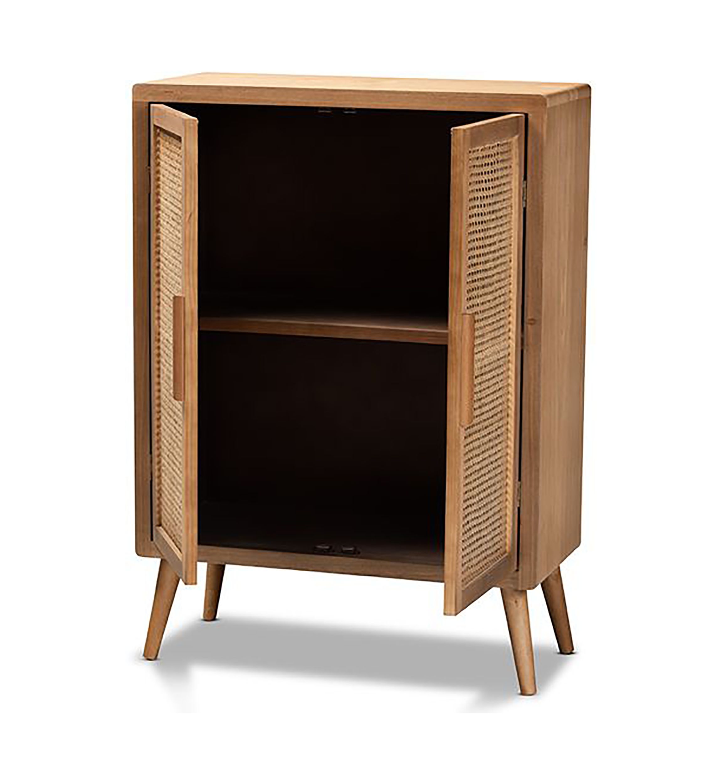 Alina Mid-Century Modern Medium Oak Finished Wood and Rattan 2-Door Accent Storage Cabinet