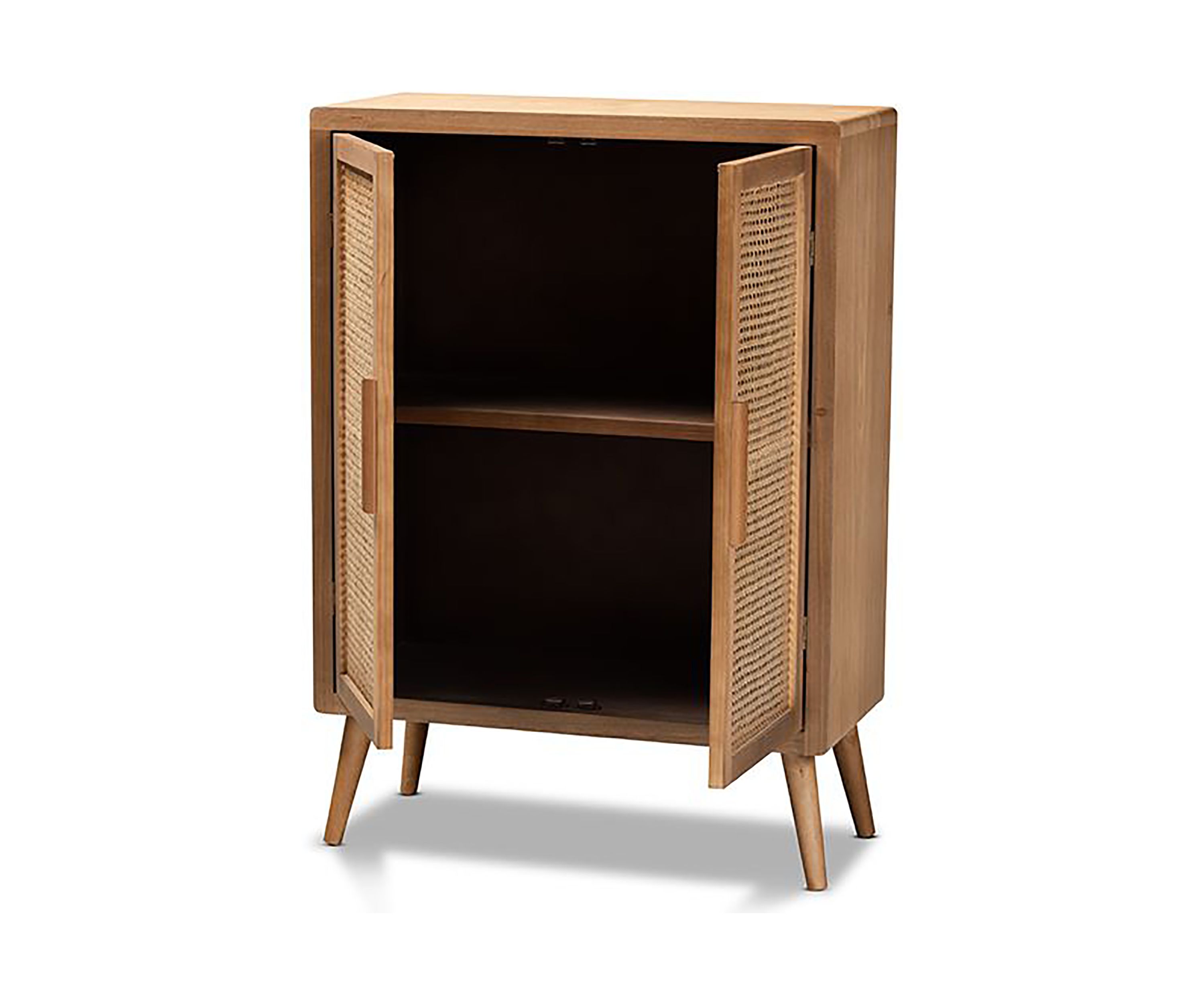 Alina Mid-Century Modern Medium Oak Finished Wood and Rattan 2-Door Accent Storage Cabinet