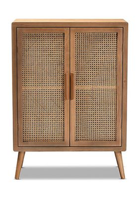 Alina Mid-Century Modern Medium Oak Finished Wood and Rattan 2-Door Accent Storage Cabinet