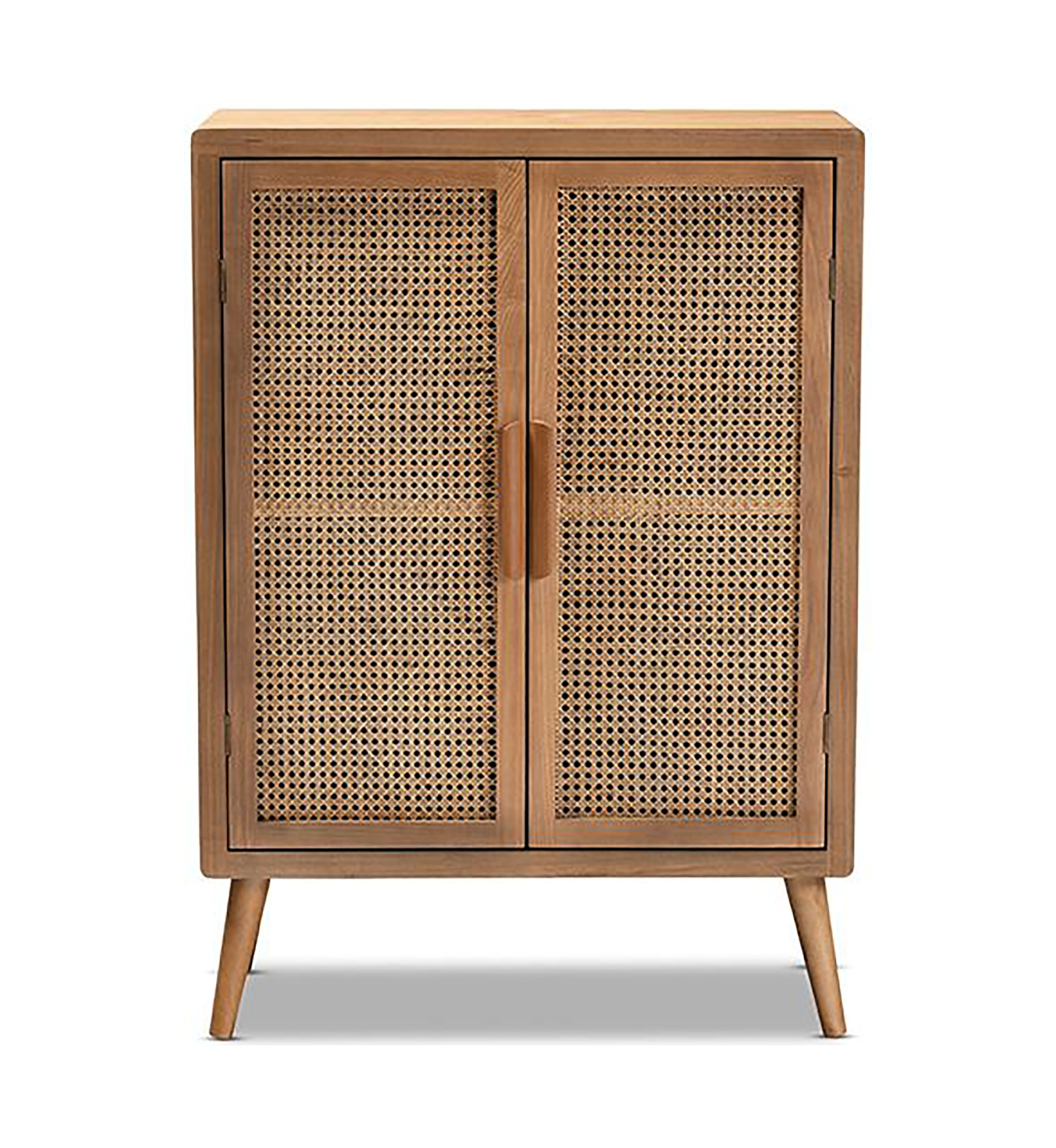 Alina Mid-Century Modern Medium Oak Finished Wood and Rattan 2-Door Accent Storage Cabinet